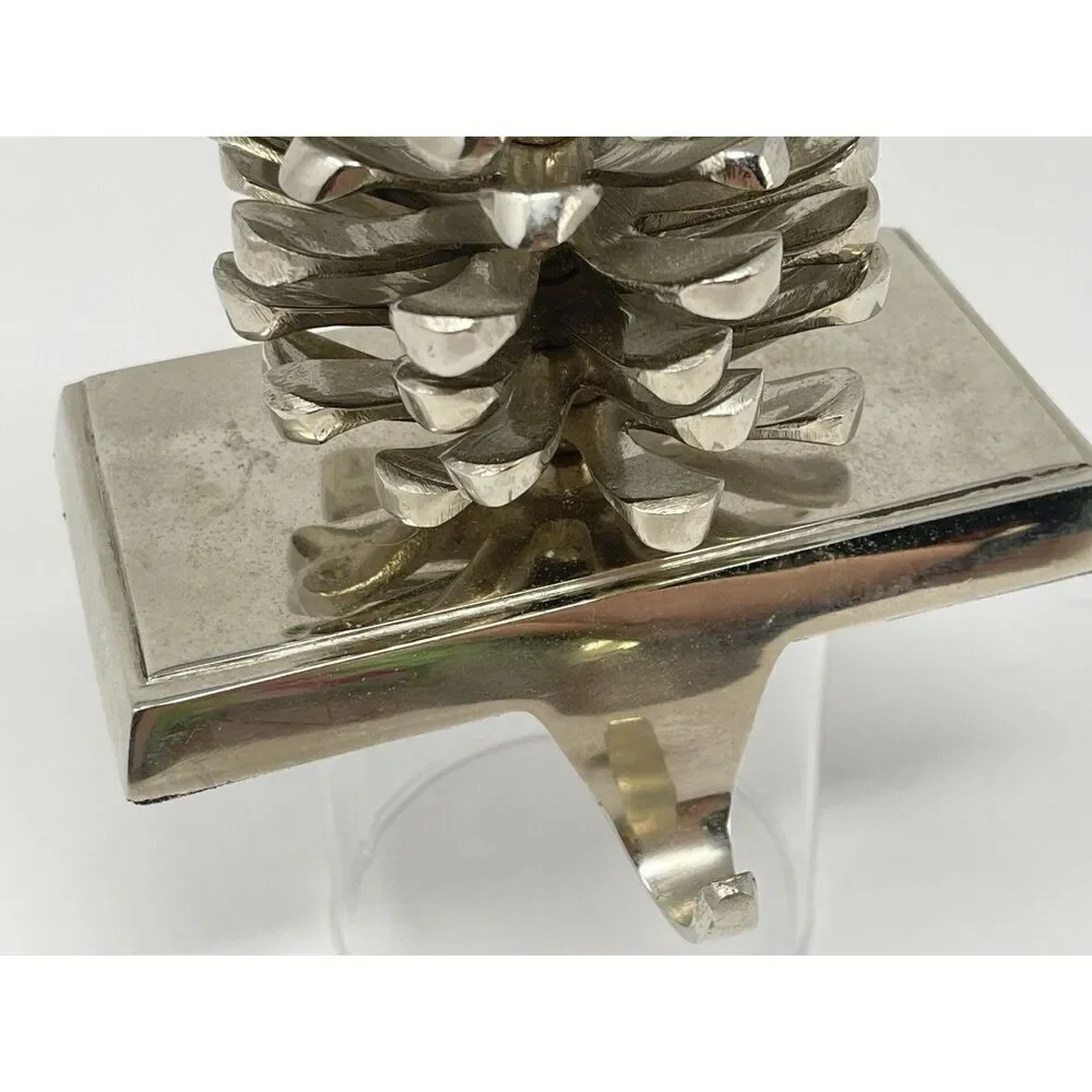Pine Cone Stocking Holder Hanger Hook Christmas Holiday Chrome Silver Heavy